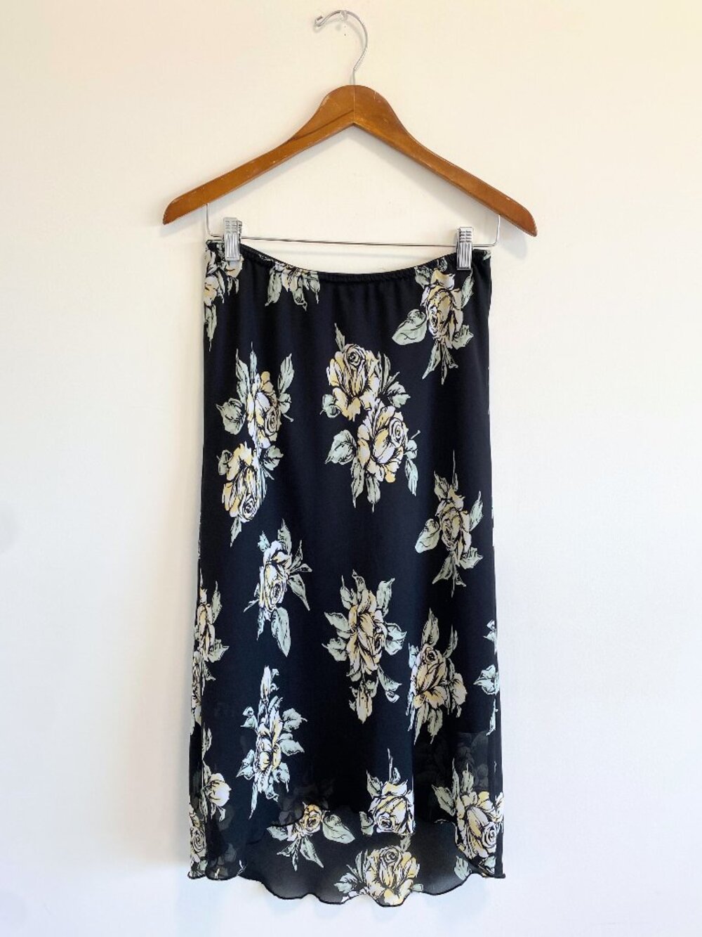 Vintage Floral Rose Print Slip Skirt w/ Asymmetric Hem / 90s / Made in Canada